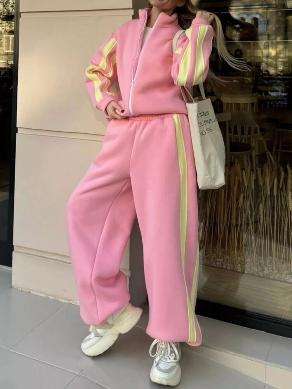 Contrast Striped Zip Up Top and Pants Set - Picture 2 of 6